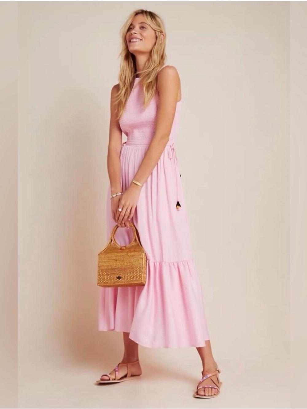 DOLAN Anthropologie Pink Smocked Maxi Dress